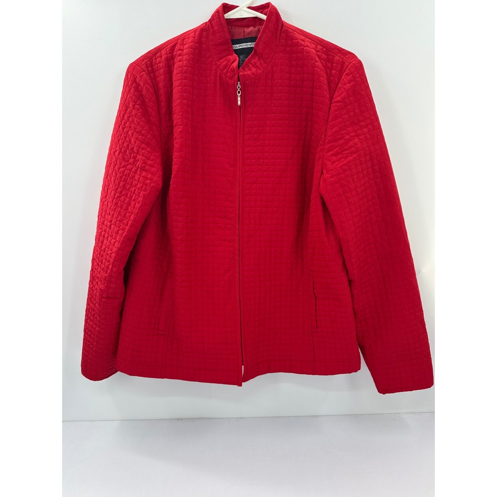 Requirements Womens Red Quilted Zip Up Mock Neck Jacket Size L Grid Pattern